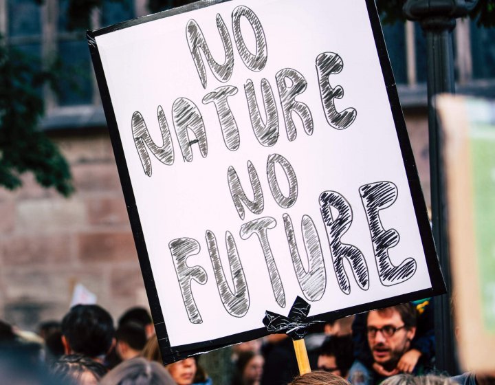 A placard reads 'No Nature, No Future' at a climate protest
